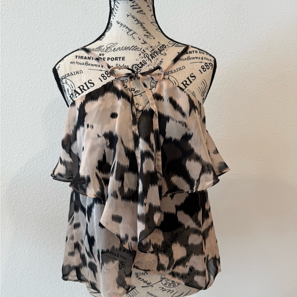 Black and White Ruffled Sleeveless Camisole with Tie Front